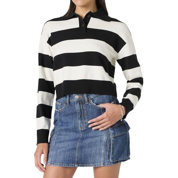 Amazon's The Drop Joan Split-Neck Polo Sweater Sz S New $50 Black White Striped - Picture 9 of 11